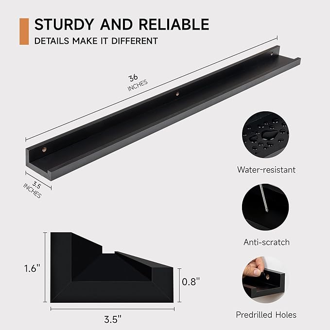 Fun Memories Picture Ledge Shelf for Wall, Floating Shelves Set of 4, 36 Inch Long Nursery Book Shelves for Toys Storage, Kid
