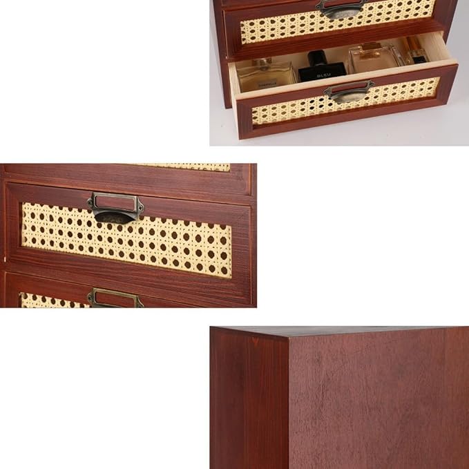 Large Wooden Storage Box with Drawers (Boho Apothecary Cabinet, Rattan Frame, Brown)