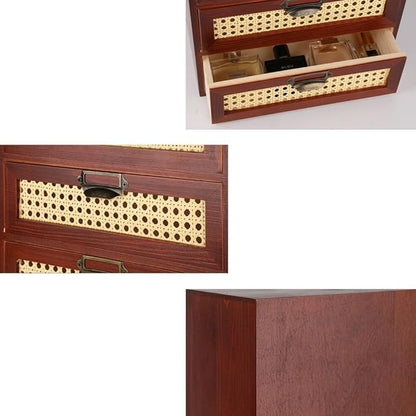 Large Wooden Storage Box with Drawers (Boho Apothecary Cabinet, Rattan Frame, Brown)