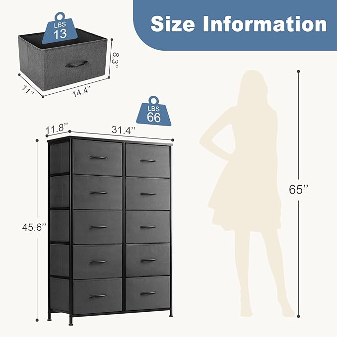 DUMOS Dresser for Bedroom, 10 Storage Drawers, Wide Fabric Closet Chests Organizer Tower Furniture with Wooden Top Metal Fram