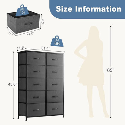 DUMOS Dresser for Bedroom, 10 Storage Drawers, Wide Fabric Closet Chests Organizer Tower Furniture with Wooden Top Metal Fram