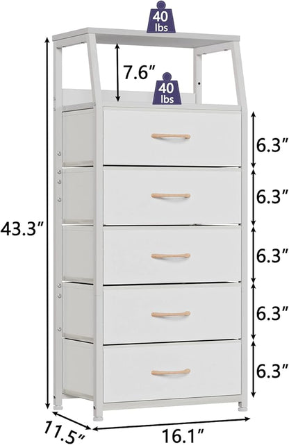 Furnulem White Dresser with 5 Drawers, Vertical Storage Tower Fabric Dresser for Bedroom, Hallway, Entryway, Nursery, Closet 