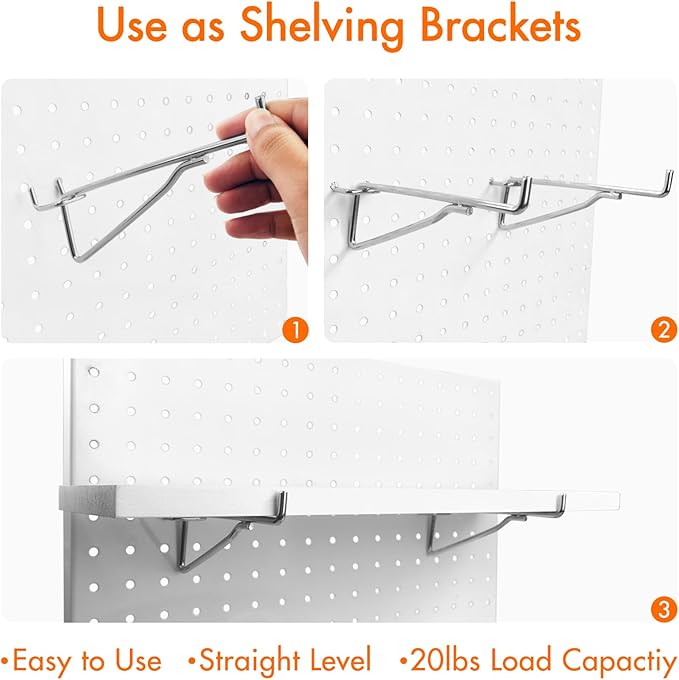 G.CORE Pegboard Shelf Hooks, 10-Pack 8" Silver Peg Board Brackets, 1/4" Peg Board Organizer Accessories, Peg Hooks Assortment