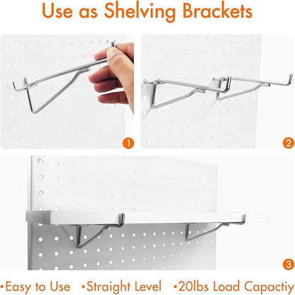 G.CORE Pegboard Shelf Hooks, 10-Pack 8" Silver Peg Board Brackets, 1/4" Peg Board Organizer Accessories, Peg Hooks Assortment