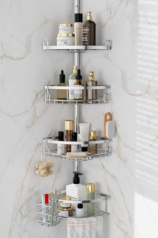 Corner Shower Caddy Tension Pole, 4 Tier Adjustable No Drill Rustproof Large Capacity Space-Saving Shower Shelves Organizer S