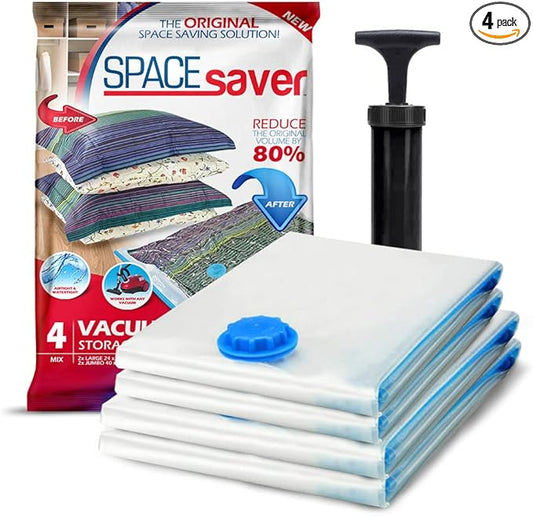 4 Pack Variety Vacuum Storage Bags for Comforters, Blankets & Clothes – Vacuum Sealed Compression Bags with Hand Pump – Space