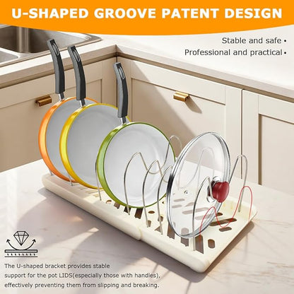 Pot and Pan Organizer, Expandable Pan Organizer for Cabinet, Pot Lid Holder with 10 Adjustable Compartments for Kitchen Cabinet Cookware Baking Frying Rack(White)