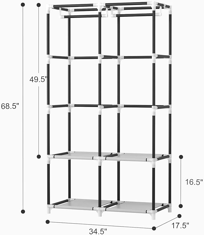 VTRIN Portable Closet Wardrobe Closet for Hanging Clothes with 4 Storage Shelves, 2 Hanging Rods and 6 Pockets, Stable and Ea
