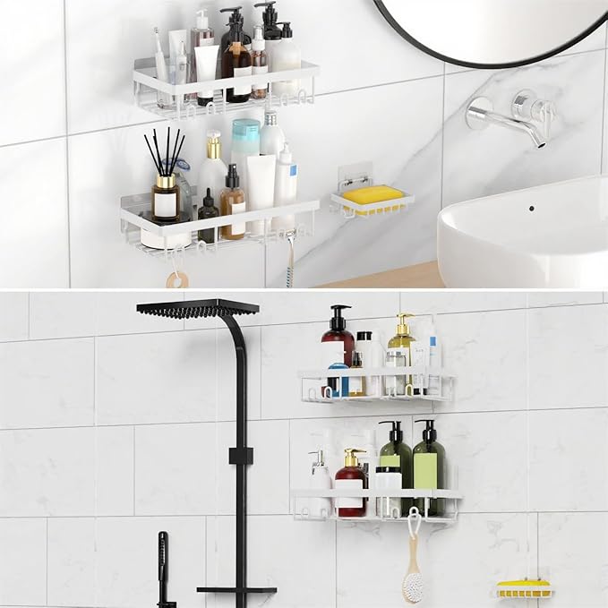 Moforoco 3-Pack Shower Caddy Basket Shelf with Soap Holder, No Drilling Traceless Adhesive Shower Wall Shelves, Rustproof Whi