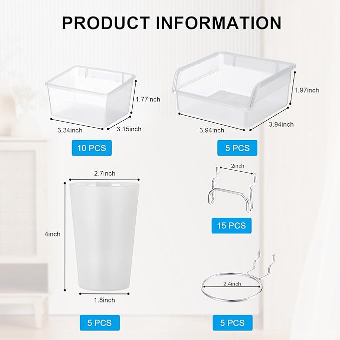 20 PCS Pegboard Cups Pegboard Bins Set, Pegboard Wall Organizer with Hooks and Loops, Pegboard Wall Containers Clear Peg Hook
