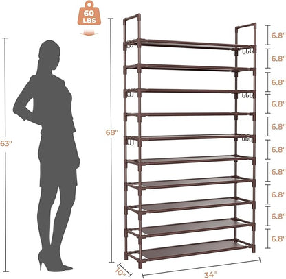 LANTEFUL Tall Shoe Rack 10 Tier Shoe Organizer Large Shoe Shelf with 18 Hooks Storage for 50 Pair Sneaker and Boot, Stackable