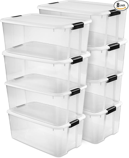 Sterilite 8-Pack Ultra Latching Box, Storage Bins with Lids, Clear Plastic, 116 Quart - Heavy-Duty Organizing Containers for 