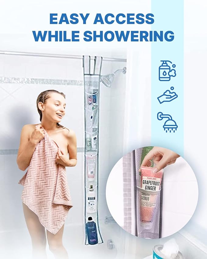 Skywin 7 Pockets Hanging Shower Curtain Liner Caddy 60 x 6 Inches (2 Pack) - 100% Polyester Mesh Shower Caddy Hanging - Showe