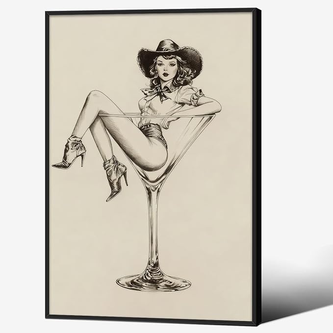 Vintage Western Black Framed Wall Art Coquette Cowgirl Martini Posters Prints 20x30 in Retro Bar Cart Cocktail Artwork Aesthe