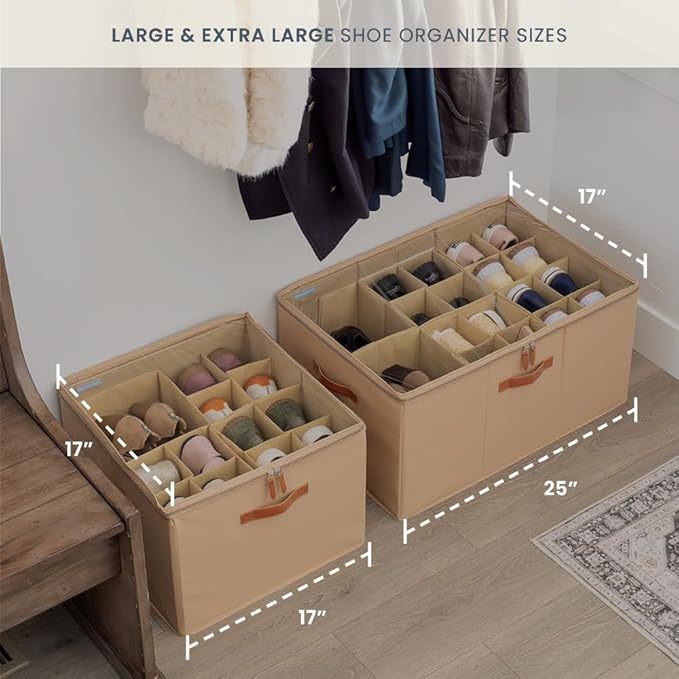 OrganiHaus Large Shoe Storage Bin for Closet, Shoe Organizer Box Fits up to 16 Pairs, Collapsible Fabric Shoe Basket w/Clear 