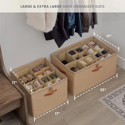 OrganiHaus Large Shoe Storage Bin for Closet, Shoe Organizer Box Fits up to 16 Pairs, Collapsible Fabric Shoe Basket w/Clear 