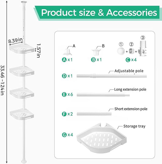 4-Tier Corner Shower Caddy Tension Pole Organizer - Adjustable Rustproof Metal Tension Pole, Plastic Shelves with Safety Guar