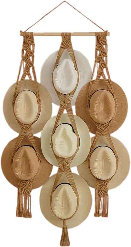 Tissting Macrame Hat Hanger 7 Styles Wall Mounted Organizer - Boho Home Decor Storage Solution for Wide Brim Hats Caps Displa