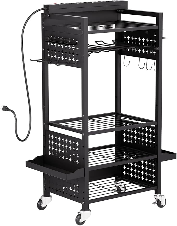 VEVOR 5-Tier Tool Organizer Cart with Charging Station, 8 AC Outlet, Floor Stand Rolling Drill Holder and Tool Battery Storag