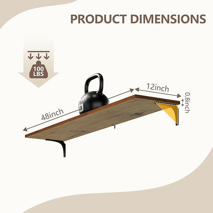 12 Inch Deep Floating Shelves Set of 2, 48 Inch Extra Wide Vintage Walnut Solid Pine Wood Wall Shelves, 4ft Heavy Duty Wall M