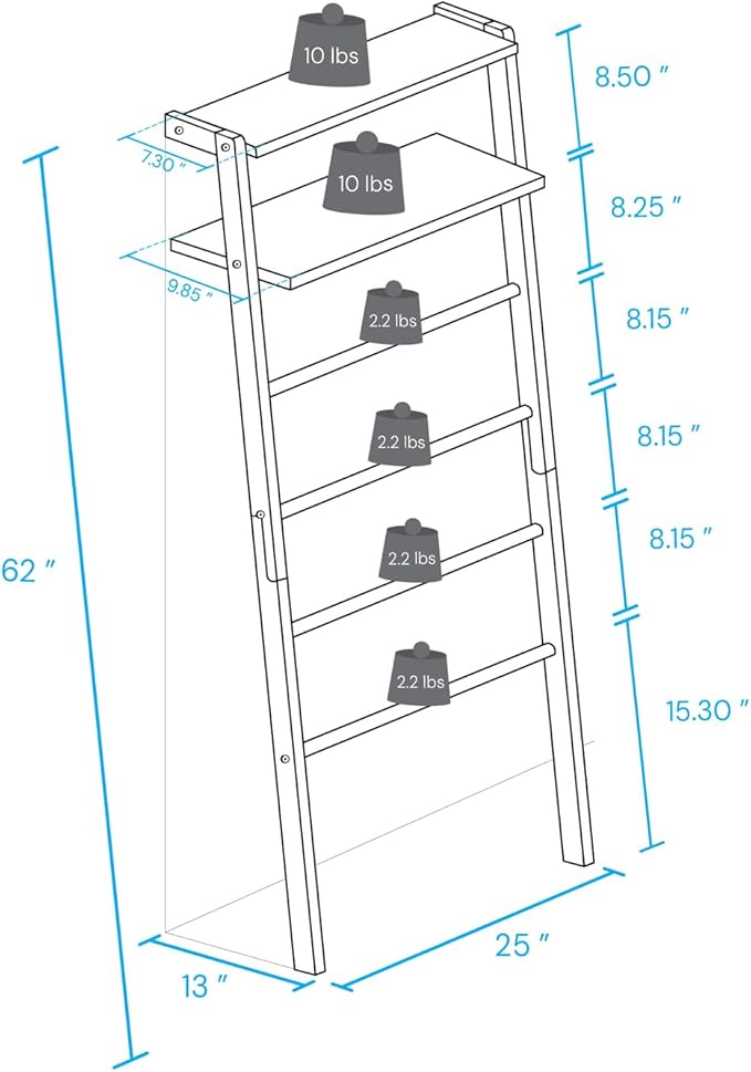 Space Saving 100% Solid Wood 6-Tier Blanket Ladder with Two Storage Shelves - Walnut