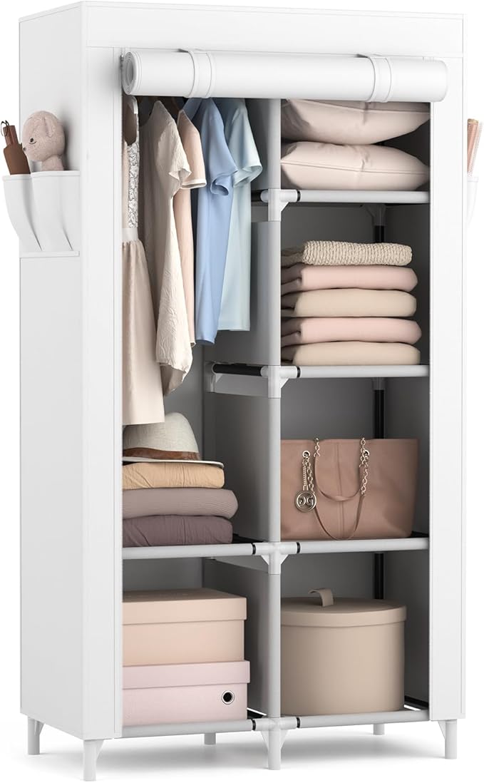ROJASOP Portable Closet Wardrobe Closet for Hanging Clothes with 6 Storage Shelves, 1 Hanging Rod and 4 Pockets, Clothes Orga