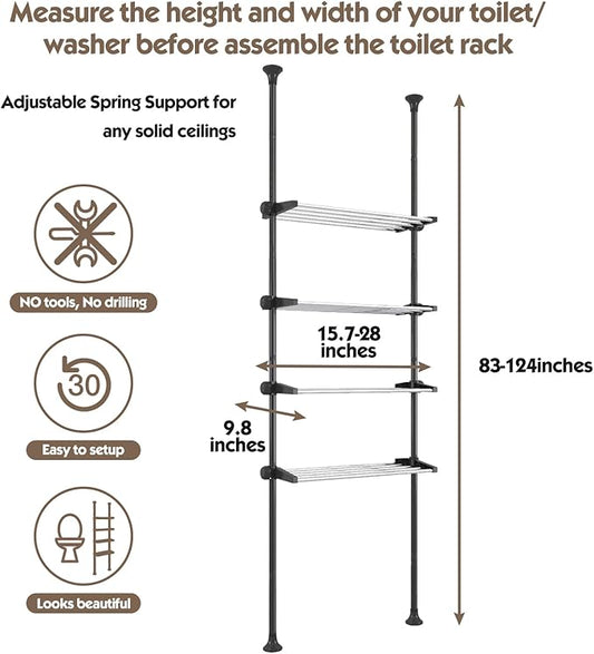 YeYeBest Over The Toilet Storage, 91-124 Inch Adjustable Bathroom Organizer, 4-Tier Stainless Steel Toilet Rack Storage Shelf
