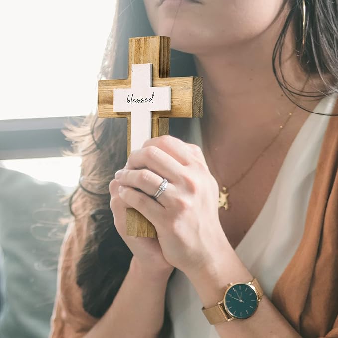 OKSQW Wall Wooden Cross Christians Crosses Spiritual Religious Cross With Hook Christmas Wall Hanging Handmade Nature Wood Co