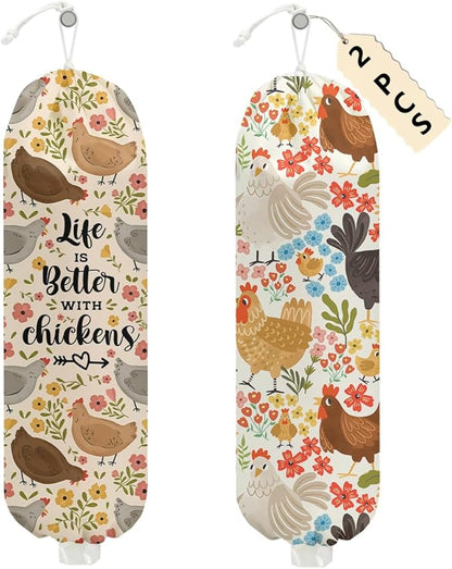 2 Pcs Chicken Plastic Bag Holder, Funny Chickens Grocery Bag Holder Plastic Storage bag, Pull Rope Free Adjustment, Floral Grocery Bags Storage Dispenser for Home Kitchen, Chicken Gifts for Women