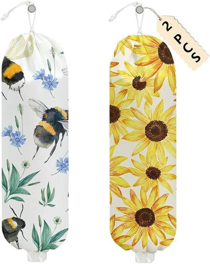 2 Pcs Bee Plastic Bag Holder, Sunflower Grocery Bag Holder Plastic Storage bag, Large Washable Grocery Bags Storage Dispenser for Home Kitchen Pantry Decor, Flower Gifts for Women Mom Grandma