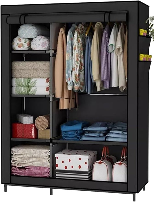 Portable Wardrobe Closet Clothes Organizer Non-Woven Fabric Cover with 6 Storage Shelves, 2 Hanging Sections and 4 Side