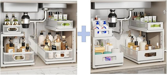 4 Pack Under Sink Organizer With Next-Gen Ball-Bearing Slides,2-Tier Precision Mesh Pull Out Cabinet Drawers Storage for Bath