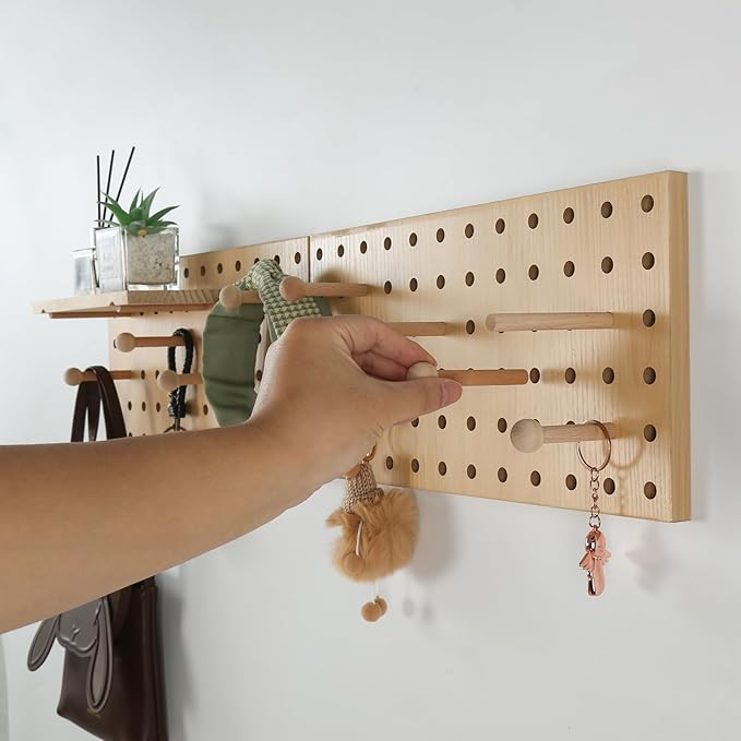 Beige Wood Pegboard Modular Display Wooden Pegboard Combination Wall Organizer Storage Wall Hooks Shelf for Home, Office, Bat