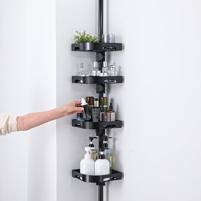 Tension Pole Shower Caddy Organizer with4 Tier L-Shaped Rust Resistant Bathroom Corner Shelves with 34-124 Inch Adjustable No