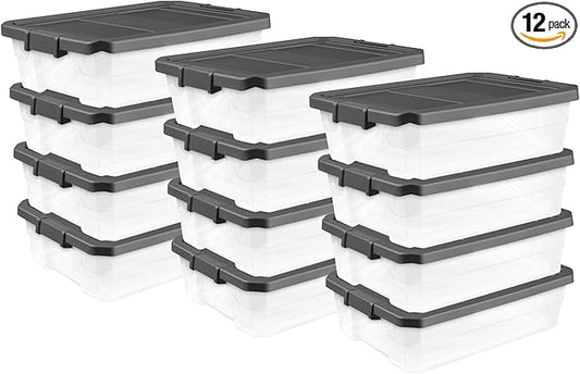 Sterilite 12-Pack Modular Stacker Box, Durable Clear Plastic Storage Bins with Latching Lids, 40 Quart - Stackable Organizing