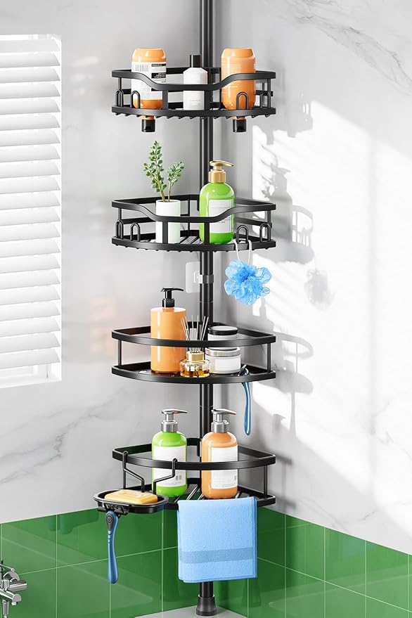 HAMITOR Shower Caddy Tension Pole: Rustproof Quick Install Corner Bathroom Organizer Shelf on Floor for Renters - 4-Tier Larg