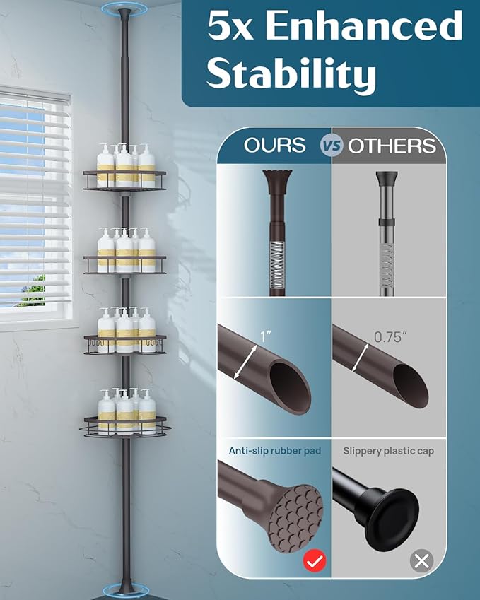 SEIRIONE Rustproof Shower Corner Caddy Organizer for Bathroom,Tension Pole with 4 Baskets, for Bathtub Storage Rack, 34 to 11