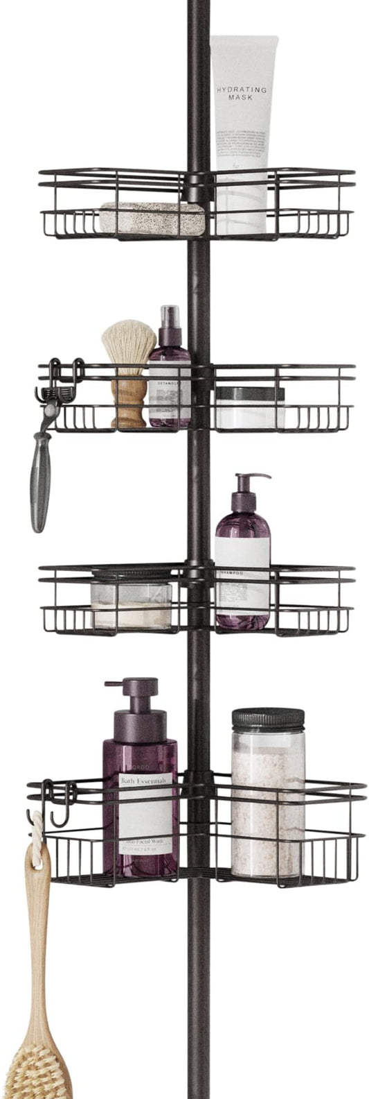 Zenna Home Tension Pole Shower Caddy Corner Organizer, Adjustable Standing Shower Caddy with 4 L-shaped Baskets and Hooks, Ru