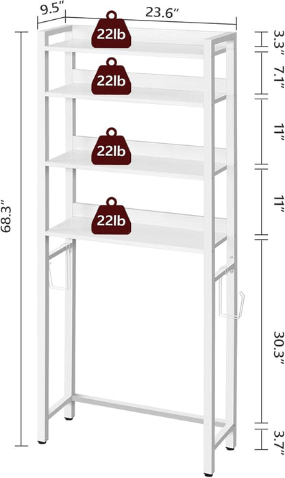 Over The Toilet Storage Rack, 4 Tier Bathroom Organizer Over Toilet, Freestanding Space Saver Toilet Stand with 2 Hooks, Bath