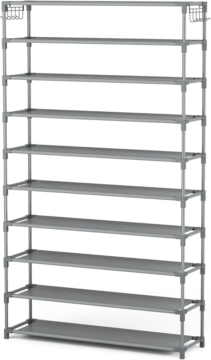 LANTEFUL 10 Tiers Shoe Rack 50 Pairs Large Capacity Tall Shoe Organizer Sturdy Shoe Storage with Two Hooks Space Saving Metal