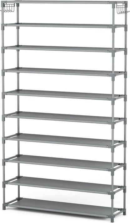 LANTEFUL 10 Tiers Shoe Rack 50 Pairs Large Capacity Tall Shoe Organizer Sturdy Shoe Storage with Two Hooks Space Saving Metal