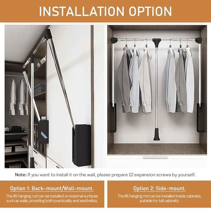 Pull Down Closet Rod, 60 lbs Load Capacity, Stainless Steel Adjustable 35-46.5 inches Soft-Close Wardrobe Lift Rail Organizer
