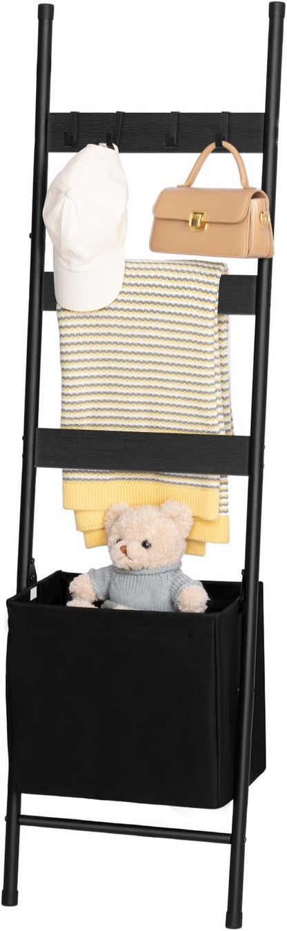 HOOBRO Blanket Ladder with Basket, 17.3”L x 63.4”H, Towel Rack with Hooks, Blanket Holder Rack, Decorative Ladder Shelf, Dryi