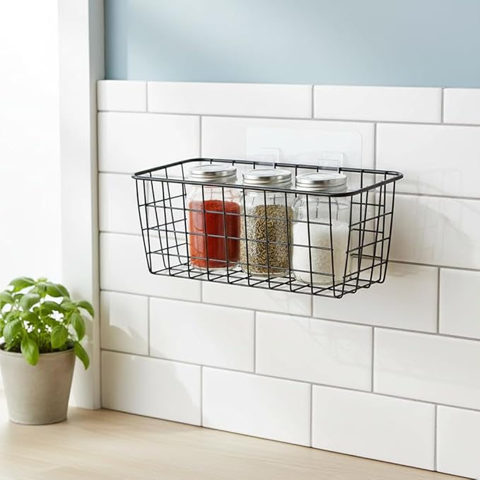 Black Hanging Wall Baskets,inside cabinet door organizer,Adhesive Wire Wall Storage Baskets for Pantry and organizer, Kitchen