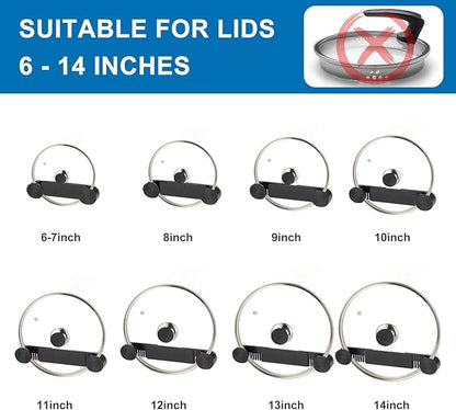 YONGAIJIA New Upgrade 4 Pack Adjustable Pot Lid Holder, Lid Organizer Fits 6" to 14" Lids, with Screw Hole Position and Sticky Wall Mounted Lid Storage Kitchen Cabinets, Cabinet Doors (Black)