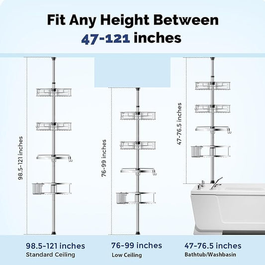 HAMITOR Corner Shower Caddy Tension Pole: Quick Installation 4-Tier Rustproof Bathroom Organizer Shelves for Bathtub Shampoo 