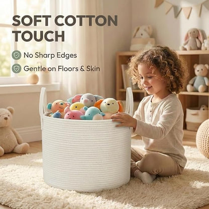 JMvicyroam 65L Extra Large Blanket Basket for Living Room - Woven Cotton Rope Laundry Hamper with Reinforced Handles - Storag