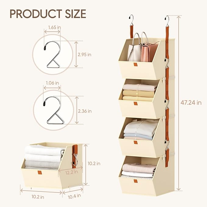 Homsorout Hanging Closet Organizer 4 Tier - Clothes Hanging Shelves, Space-Saving Closet System, Fabric Storage Bins Bedroom 