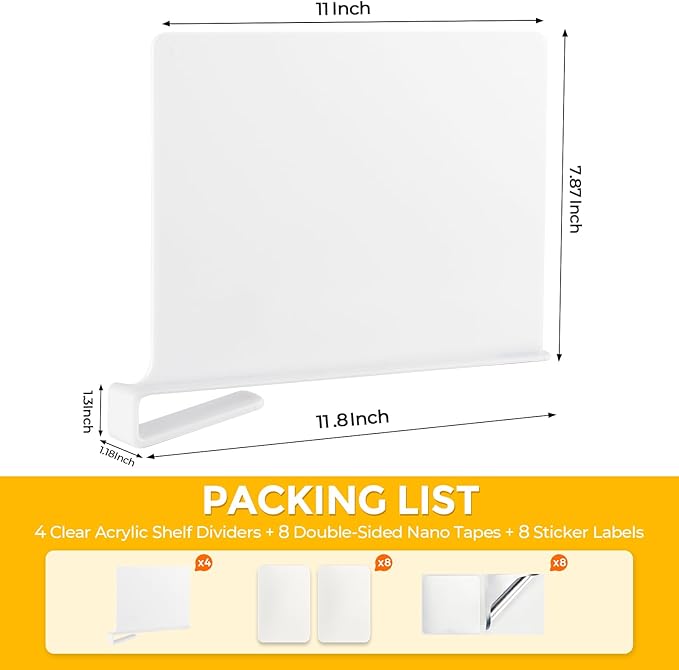 JOY DECOR 12 Pack Acrylic White Shelf Dividers for Closets Organizer and Storage Adjustable Vertical Wood Shelf Closet Separa