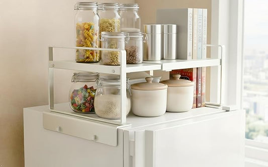 Adjustable Fridge Top Storage Rack,12.4"-23.62" Expandable Organizer Shelf, Anti-Slip,L-Shaped Design,Space Saver for Kitchen